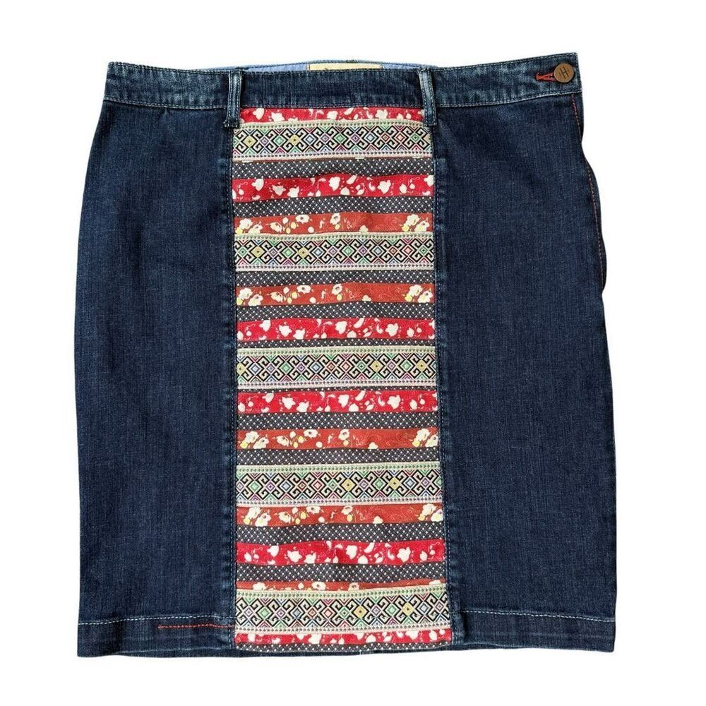Anthropologie Holding Horses "Ribbonrow" denim skirt central patchwork panel 28